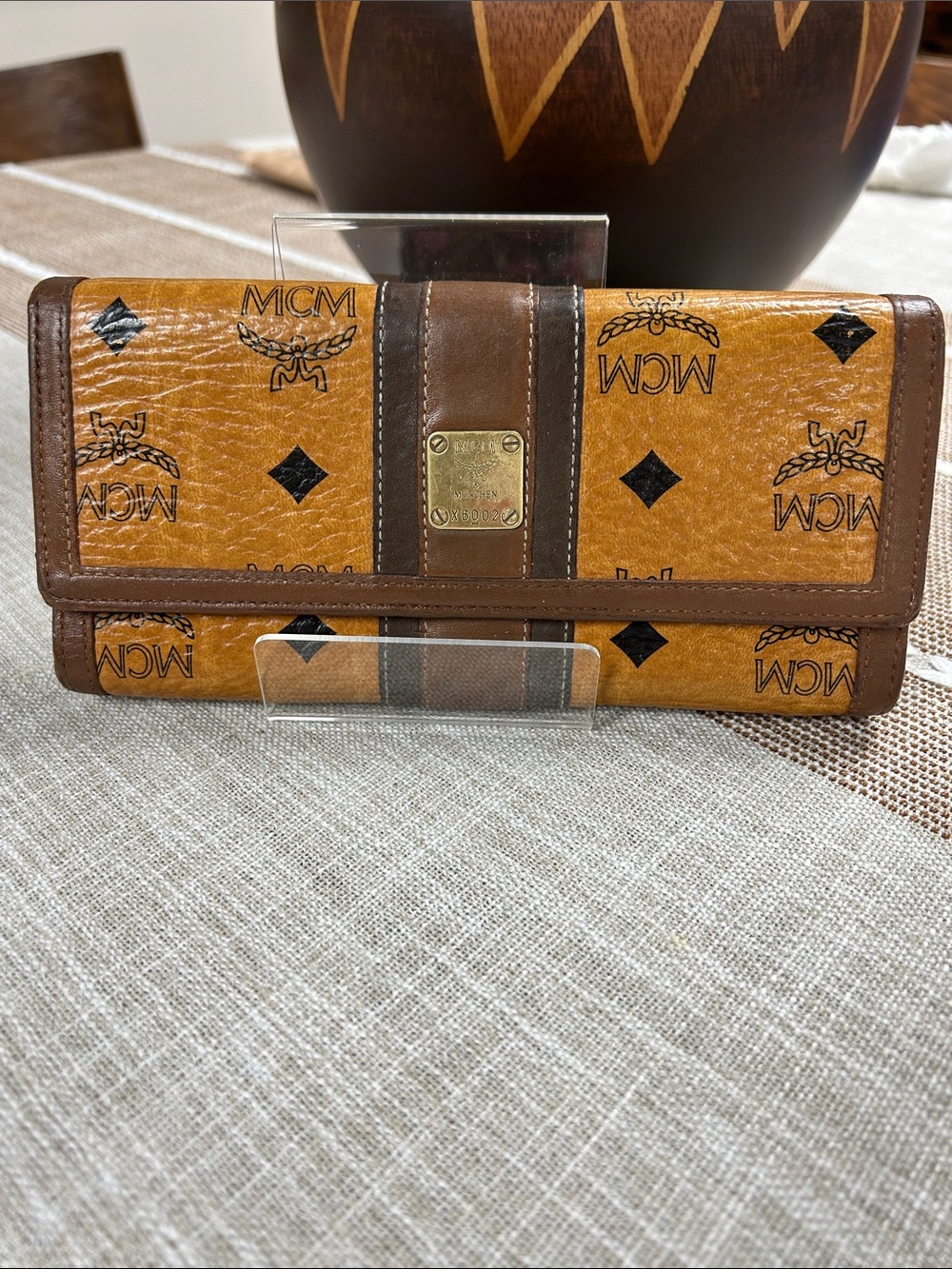 MCM Cognac and Brown Monogram Fold Wallet with Gold Plaque